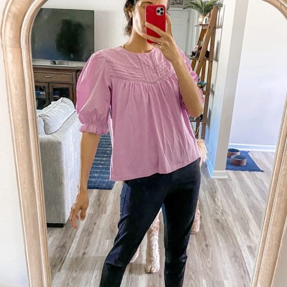 J. Crew Puffed-Sleeve Woven Lace Top, Pink‎